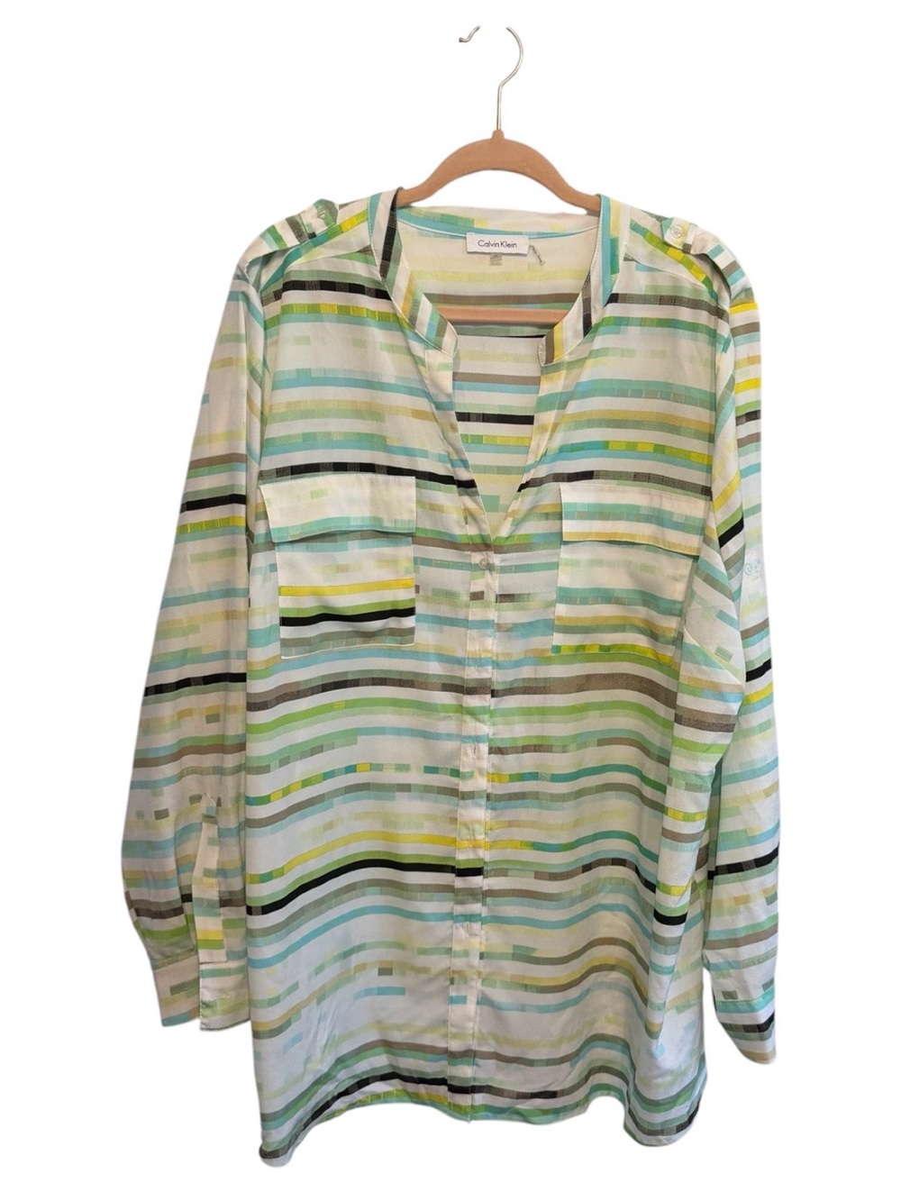 Calvin Klein Striped Button-Front Shirt - Green, Aqua, Yellow